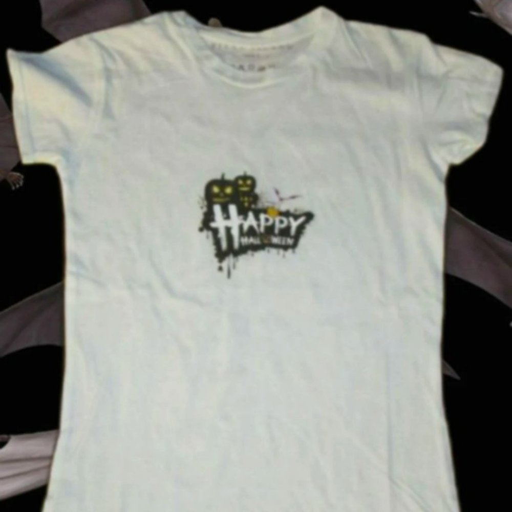 Happy Halloween, T-Shirt, White, Pumpkin, Size 8, Youth, Girls, Bat, Graveyard,